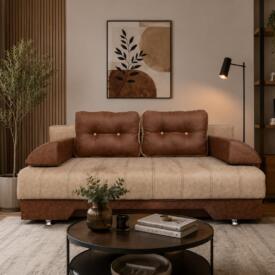 Canapea Extensibilă ELIZA, 3 Locuri, Ladă Depozitare, Funcție Pat 147x190 cm, Stofă, Cadru Metalic, 190x98x75 cm, Design Modern, Mobila Mega – Canapele