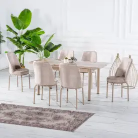 Set Masă Dining Extensibilă GOLD OG01 cu 6 Scaune tapitate Crem, 130/170x80x77, Design Elegant, Mobila Mega – Mese și Scaune
