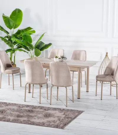 Set Masă Dining Extensibilă GOLD OG01 cu 6 Scaune tapitate Crem, 130/170x80x77, Design Elegant, Mobila Mega – Mese și Scaune