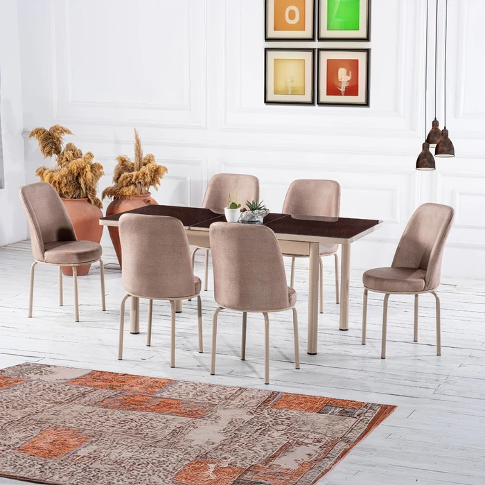Set Masă Dining Extensibilă OG03 cu 6 Scaune tapitate, Maro, 130/170x80x77, Design Elegant, Mobila Mega – Mese și Scaune