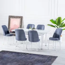 Set Masă Dining Extensibilă OG23 cu 6 Scaune, Alb, 130/170x80x77, Design Elegant, Mobilier Bucătărie și Living, Mobila Mega – Mese și Scaune