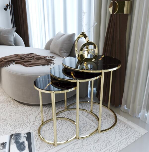 Set Măsuțe Cafea CEYLAN 3 în 1, Suprapozabile, Design Modern, Cadru Metalic, Mobilier Living, Mobila Mega – Măsuțe Cafea