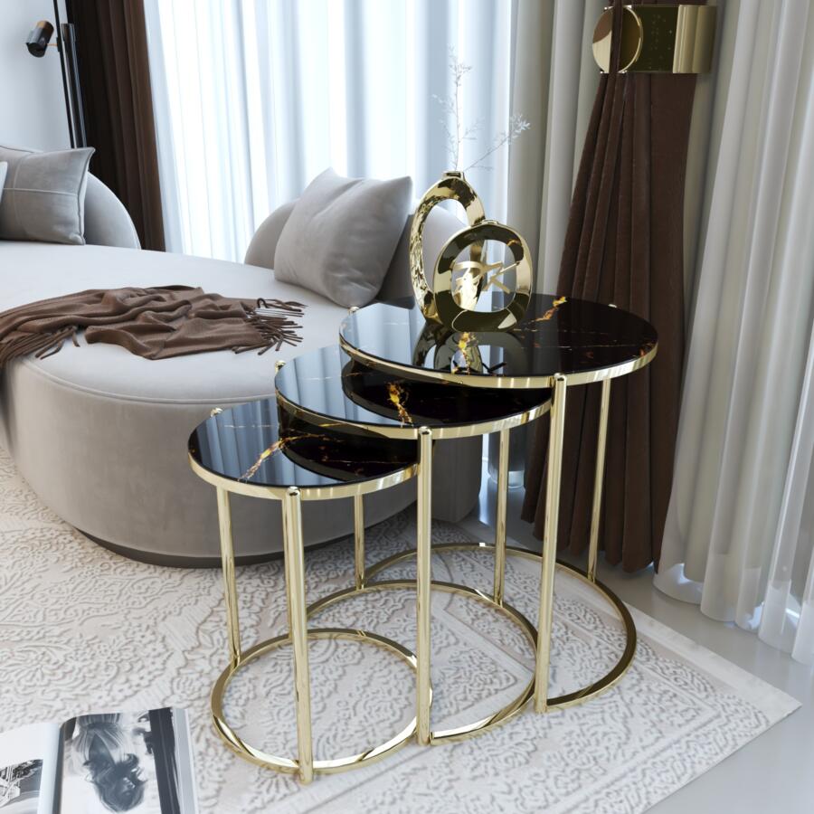 Set Măsuțe Cafea CEYLAN 3 în 1, Suprapozabile, Design Modern, Cadru Metalic, Mobilier Living, Mobila Mega – Măsuțe Cafea