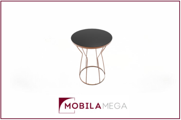 Mini Măsuță de Cafea Rotundă Kumsaati, Metal și Sticlă, 42x42x50 cm, Negru Lucios și Crom Arămiu, Mobilier Living, Mobila Mega