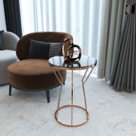 Mini Măsuță de Cafea Rotundă Kumsaati, Metal și Sticlă, 42x42x50 cm, Negru Lucios și Crom Arămiu, Mobilier Living, Mobila Mega – Măsuțe Cafea