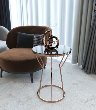 Mini Măsuță de Cafea Rotundă Kumsaati, Metal și Sticlă, 42x42x50 cm, Negru Lucios și Crom Arămiu, Mobilier Living, Mobila Mega – Măsuțe Cafea