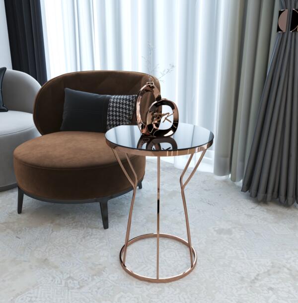 Mini Măsuță de Cafea Rotundă Kumsaati, Metal și Sticlă, 42x42x50 cm, Negru Lucios și Crom Arămiu, Mobilier Living, Mobila Mega – Măsuțe Cafea