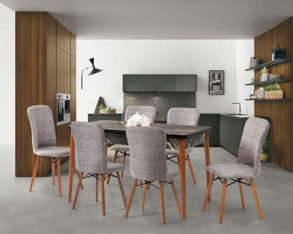 Set Masă Dining Extensibilă Kemer Granit cu 6 Scaune, 128/168x80x77, Design Elegant, Mobila Mega – Mese și Scaune