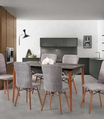 Set Masă Dining Extensibilă Kemer Granit cu 6 Scaune, 128/168x80x77, Design Elegant, Mobila Mega – Mese și Scaune