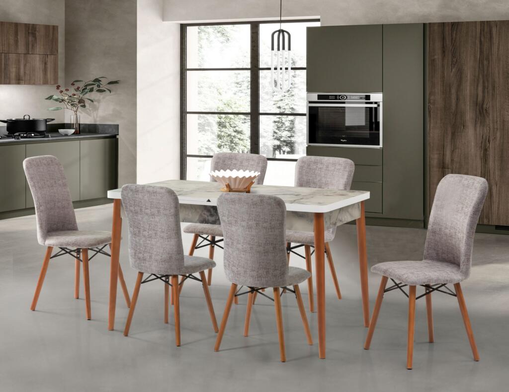 Set Masă Dining Extensibilă Kemer Marmura cu 6 Scaune, 128/168x80x77, Design Elegant, Mobila Mega – Mese și Scaune
