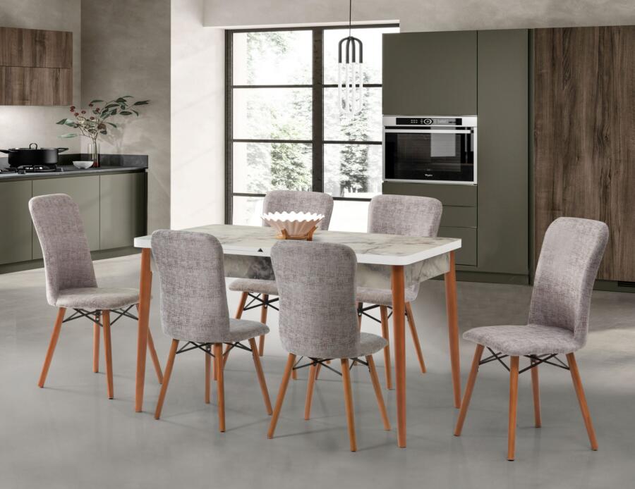 Set Masă Dining Extensibilă Kemer Marmura cu 6 Scaune, 128/168x80x77, Design Elegant, Mobila Mega – Mese și Scaune