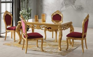 Set Masă Dining AYDA cu 6 Scaune Tapițate, 160×90 cm, Stil Baroc, Mobila Mega – Mobilier Living