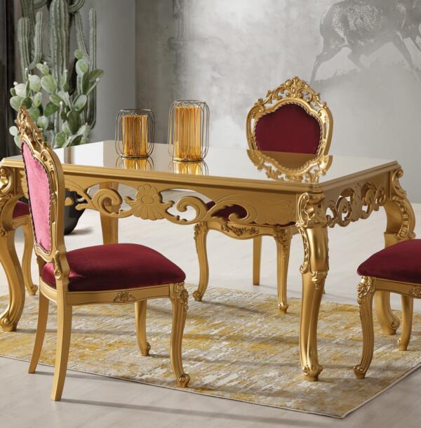 Set Masă Dining AYDA cu 6 Scaune Tapițate, 160×90 cm, Stil Baroc, Mobila Mega – Mobilier Living