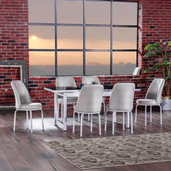 Set Masă Dining Extensibilă GOLD OG22, Negru Alb Crem cu 6 Scaune Tapițate, Modernă,130/170x80x77, Design Elegant, Mobila Mega – Mese și Scaune