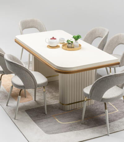 Set Masă Dining PIANO cu 6 Scaune Tapițate Crem, 180×90 cm, MDF și Metal Inoxidabil, Design Modern, Mobila Mega – Mobilier Living – imagine 2
