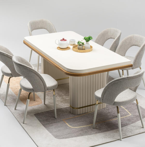 Set Masă Dining PIANO cu 6 Scaune Tapițate Crem, 180×90 cm, MDF și Metal Inoxidabil, Design Modern, Mobila Mega – Mobilier Living – imagine 2