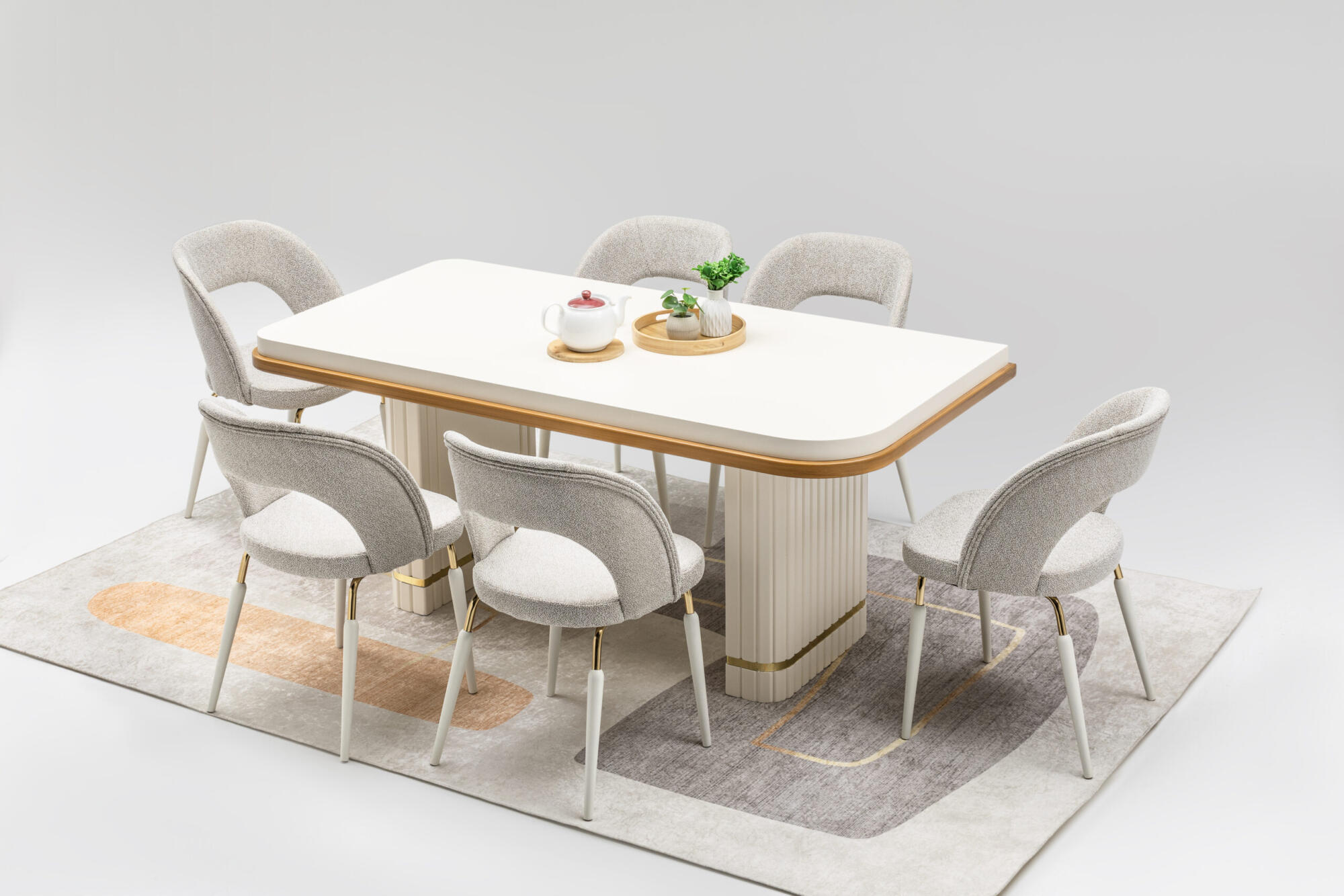 Set Masă Dining PIANO cu 6 Scaune Tapițate Crem, 180×90 cm, MDF și Metal Inoxidabil, Design Modern, Mobila Mega – Mobilier Living