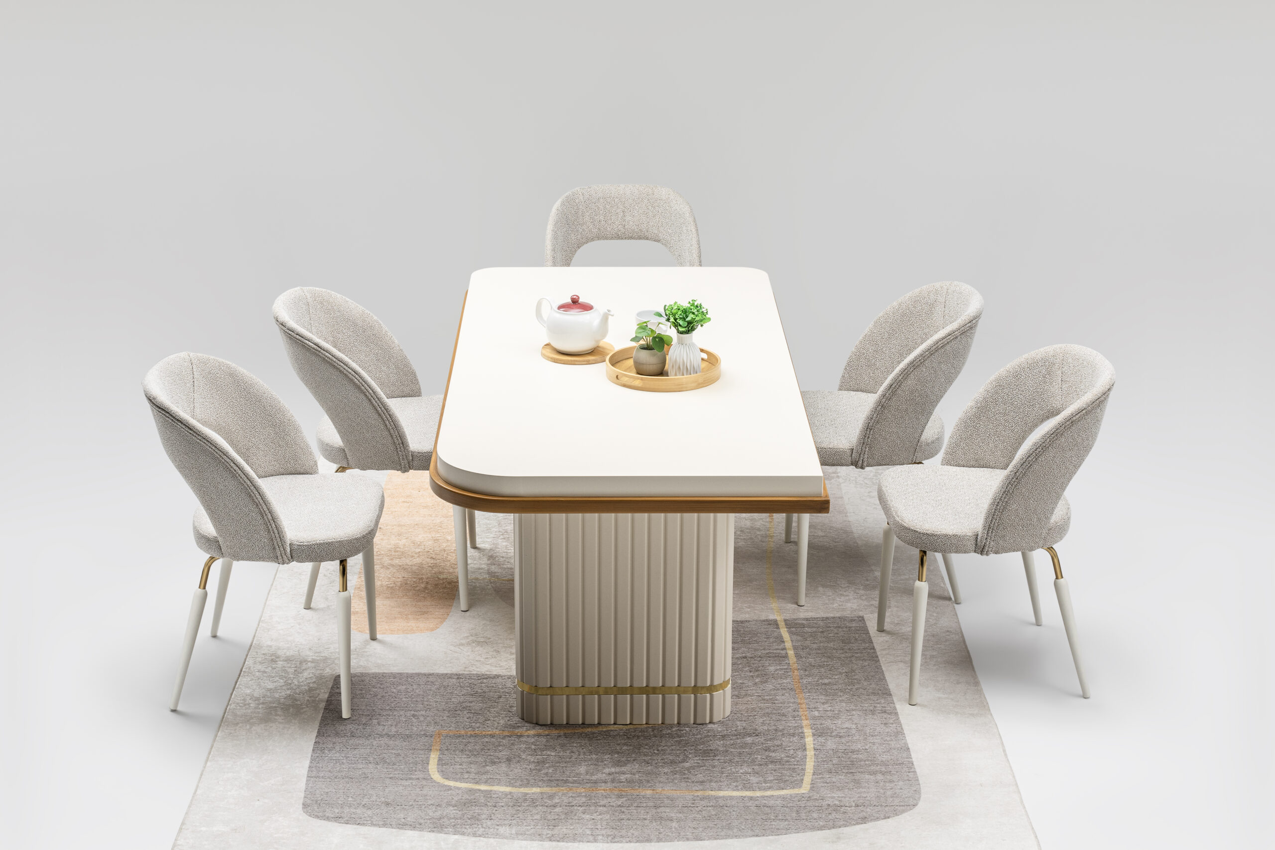 Set Masă Dining PIANO cu 6 Scaune Tapițate Crem, 180×90 cm, MDF și Metal Inoxidabil, Design Modern, Mobila Mega – Mobilier Living – imagine 3