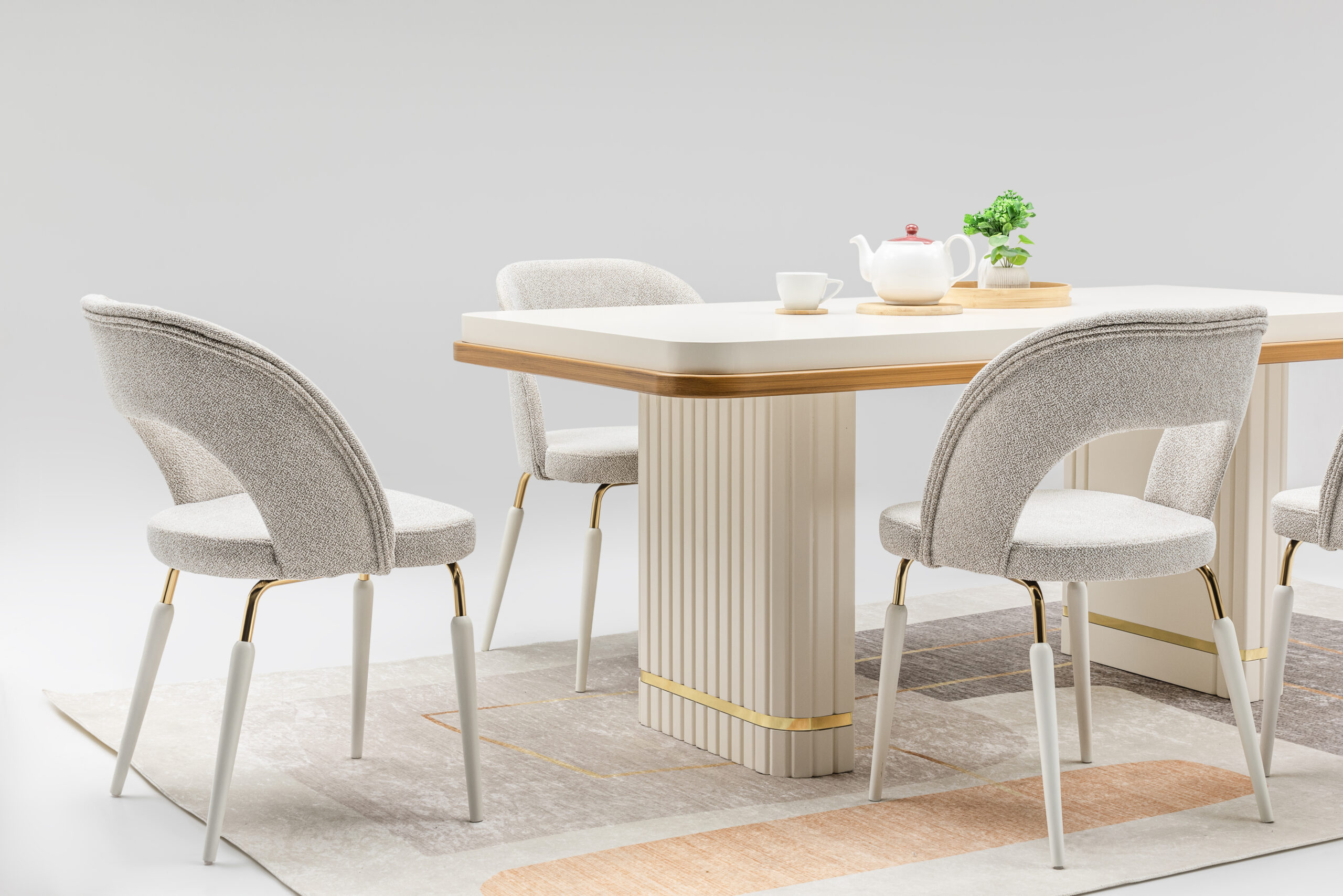 Set Masă Dining PIANO cu 6 Scaune Tapițate Crem, 180×90 cm, MDF și Metal Inoxidabil, Design Modern, Mobila Mega – Mobilier Living – imagine 4