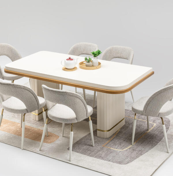Set Masă Dining PIANO cu 6 Scaune Tapițate Crem, 180×90 cm, MDF și Metal Inoxidabil, Design Modern, Mobila Mega – Mobilier Living