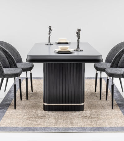 Set Masă Dining PIANO cu 6 Scaune Tapițate Gri, 180×90 cm, MDF și Metal Inoxidabil, Design Modern, Mobila Mega – Mobilier Living – imagine 2