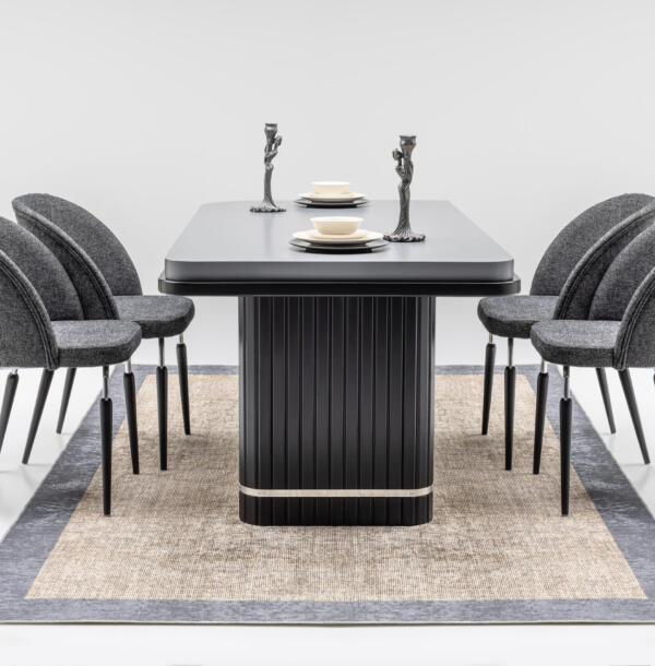 Set Masă Dining PIANO cu 6 Scaune Tapițate Gri, 180×90 cm, MDF și Metal Inoxidabil, Design Modern, Mobila Mega – Mobilier Living – imagine 2