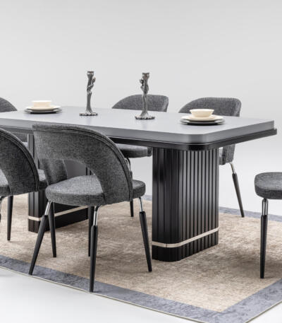 Set Masă Dining PIANO cu 6 Scaune Tapițate Gri, 180×90 cm, MDF și Metal Inoxidabil, Design Modern, Mobila Mega – Mobilier Living