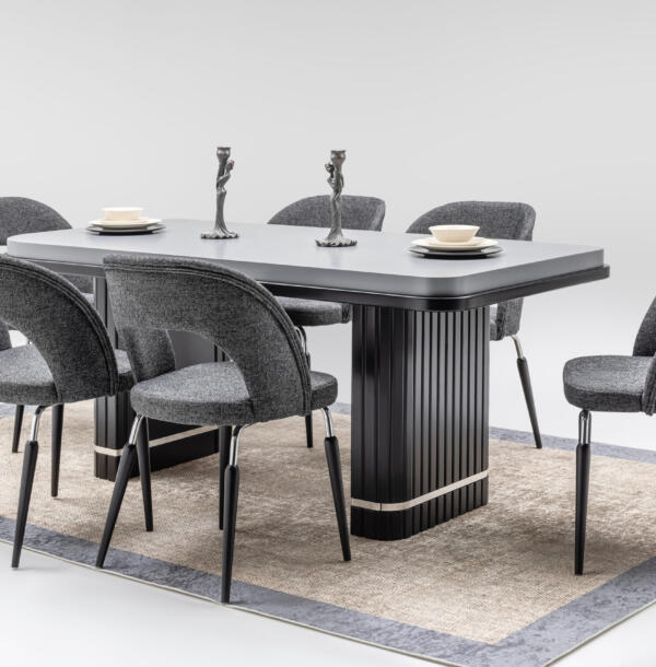 Set Masă Dining PIANO cu 6 Scaune Tapițate Gri, 180×90 cm, MDF și Metal Inoxidabil, Design Modern, Mobila Mega – Mobilier Living