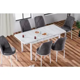Set Masă Extensibilă SPRING GRI ALB MARO cu 6 Scaune, Masă Dining Extensibilă Modernă, Design Elegant, Mobilier Bucătărie și Living, Mobila Mega – Mese și Scaune – imagine 2