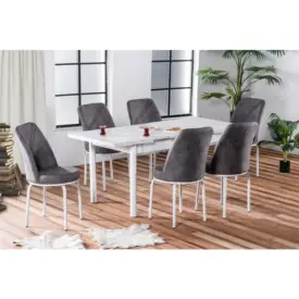 Set Masă Extensibilă SPRING GRI ALB MARO cu 6 Scaune, Masă Dining Extensibilă Modernă, Design Elegant, Mobilier Bucătărie și Living, Mobila Mega – Mese și Scaune