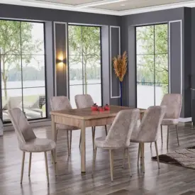Set Masă Extensibilă SPRING Stejar Bej cu 6 Scaune, Masă Dining Extensibilă Modernă, Design Elegant, Mobilier Bucătărie și Living, Mobila Mega – Mese și Scaune – imagine 2