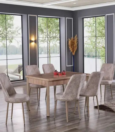 Set Masă Extensibilă SPRING Stejar Bej cu 6 Scaune, Masă Dining Extensibilă Modernă, Design Elegant, Mobilier Bucătărie și Living, Mobila Mega – Mese și Scaune – imagine 2