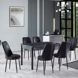 Set Masă Dining Extensibilă SPRING Negru Marmorat cu 6 Scaune, 130/168x80x77, Design Elegant, Mobila Mega – Mese și Scaune