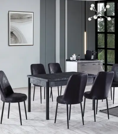Set Masă Dining Extensibilă SPRING Negru Marmorat cu 6 Scaune, 130/168x80x77, Design Elegant, Mobila Mega – Mese și Scaune