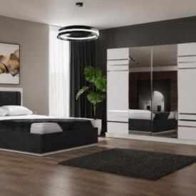 Dormitor NOVA, Pat 160x200 cm, Dulap cu Oglindă și Uși Glisante, Comodă și 2 Noptiere, Set Dormitor Complet Modern, PAL Melaminat 18 mm, Mobila Mega – Dormitoare