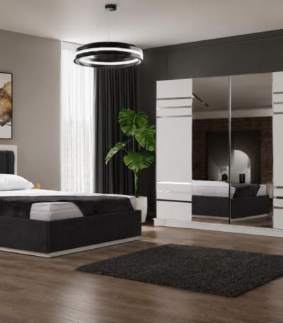 Dormitor NOVA, Pat 160x200 cm, Dulap cu Oglindă și Uși Glisante, Comodă și 2 Noptiere, Set Dormitor Complet Modern, PAL Melaminat 18 mm, Mobila Mega – Dormitoare