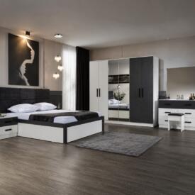Dormitor SMART, Pat 160x200 cm, Dulap cu Oglindă și Uși Glisante, Comodă și 2 Noptiere, Set Dormitor Complet Modern, PAL Melaminat 18 mm, Mobila Mega – Dormitoare