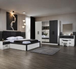 Dormitor SMART, Pat 160x200 cm, Dulap cu Oglindă și Uși Glisante, Comodă și 2 Noptiere, Set Dormitor Complet Modern, PAL Melaminat 18 mm, Mobila Mega – Dormitoare