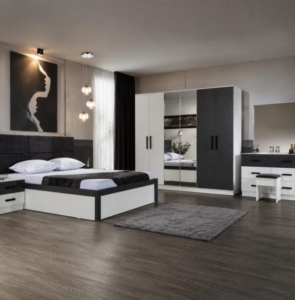 Dormitor SMART, Pat 160x200 cm, Dulap cu Oglindă și Uși Glisante, Comodă și 2 Noptiere, Set Dormitor Complet Modern, PAL Melaminat 18 mm, Mobila Mega – Dormitoare