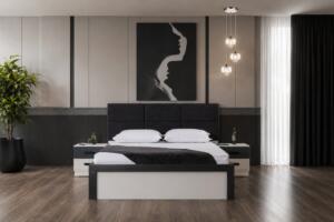 Dormitor SMART, Pat 160x200 cm, Dulap cu Oglindă și Uși Glisante, Comodă și 2 Noptiere, Set Dormitor Complet Modern, PAL Melaminat 18 mm, Mobila Mega – Dormitoare – imagine 3