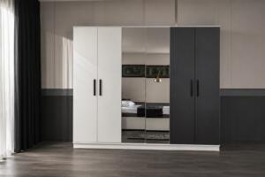 Dormitor SMART, Pat 160x200 cm, Dulap cu Oglindă și Uși Glisante, Comodă și 2 Noptiere, Set Dormitor Complet Modern, PAL Melaminat 18 mm, Mobila Mega – Dormitoare – imagine 4