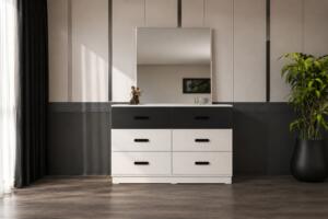 Dormitor SMART, Pat 160x200 cm, Dulap cu Oglindă și Uși Glisante, Comodă și 2 Noptiere, Set Dormitor Complet Modern, PAL Melaminat 18 mm, Mobila Mega – Dormitoare – imagine 6