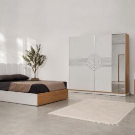 Dormitor TERRA, Pat 160x200 cm, Dulap cu Oglindă și Uși Glisante, Comodă și 2 Noptiere, Set Dormitor Complet Modern, PAL Melaminat 18 mm, Mobila Mega – Dormitoare