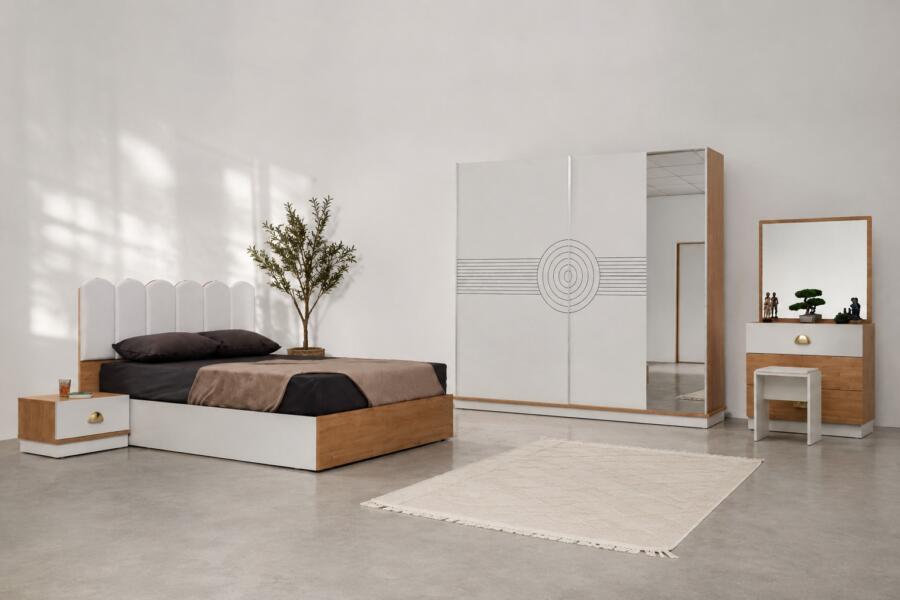 Dormitor TERRA, Pat 160x200 cm, Dulap cu Oglindă și Uși Glisante, Comodă și 2 Noptiere, Set Dormitor Complet Modern, PAL Melaminat 18 mm, Mobila Mega – Dormitoare