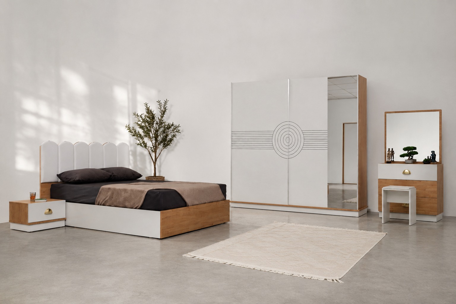 Dormitor TERRA, Pat 160x200 cm, Dulap cu Oglindă și Uși Glisante, Comodă și 2 Noptiere, Set Dormitor Complet Modern, PAL Melaminat 18 mm, Mobila Mega – Dormitoare
