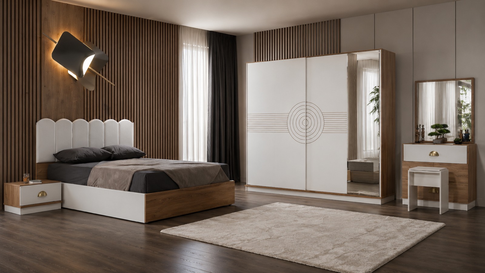 Dormitor TERRA, Pat 160x200 cm, Dulap cu Oglindă și Uși Glisante, Comodă și 2 Noptiere, Set Dormitor Complet Modern, PAL Melaminat 18 mm, Mobila Mega – Dormitoare – imagine 3