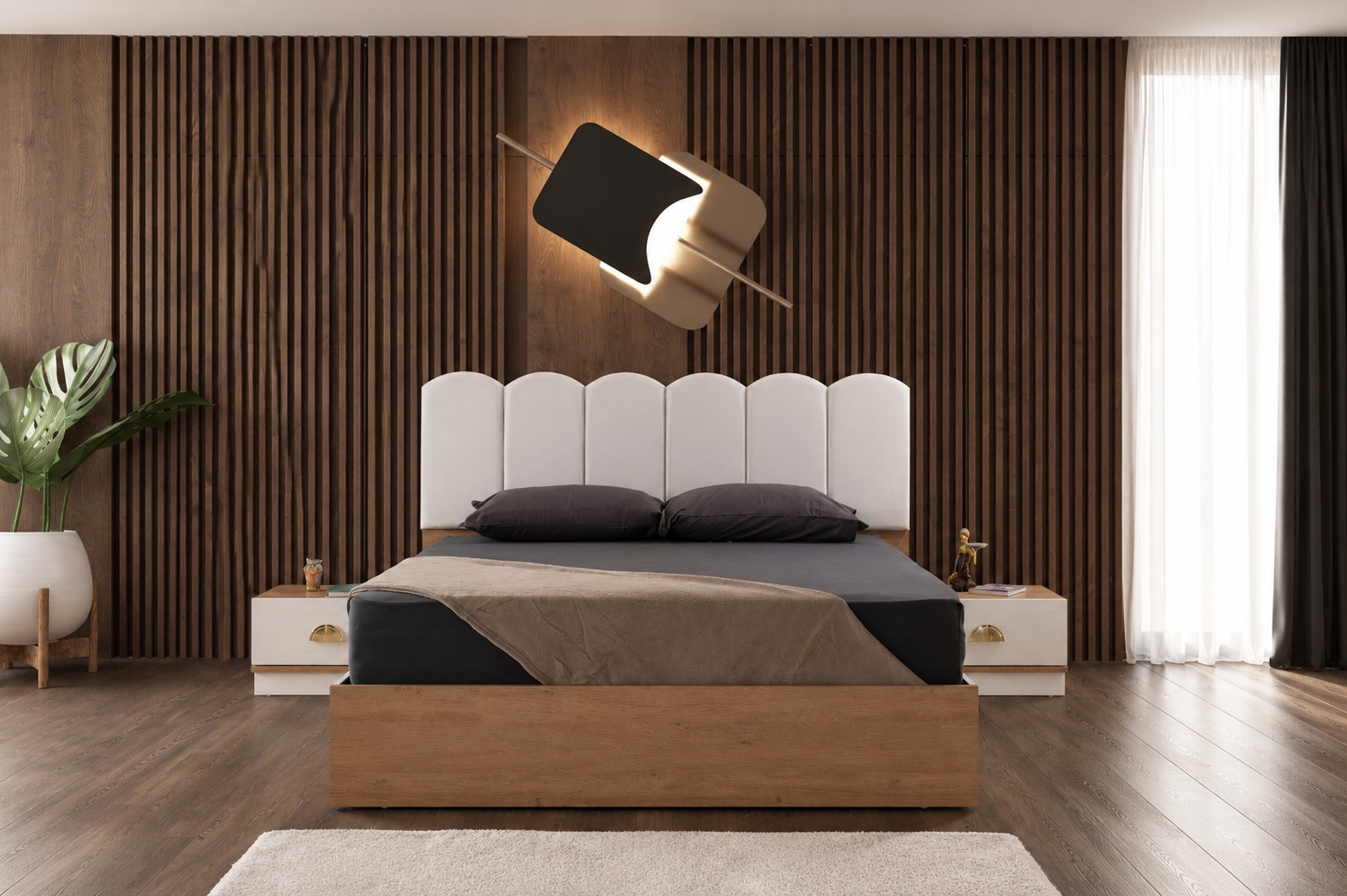 Dormitor TERRA, Pat 160x200 cm, Dulap cu Oglindă și Uși Glisante, Comodă și 2 Noptiere, Set Dormitor Complet Modern, PAL Melaminat 18 mm, Mobila Mega – Dormitoare – imagine 5