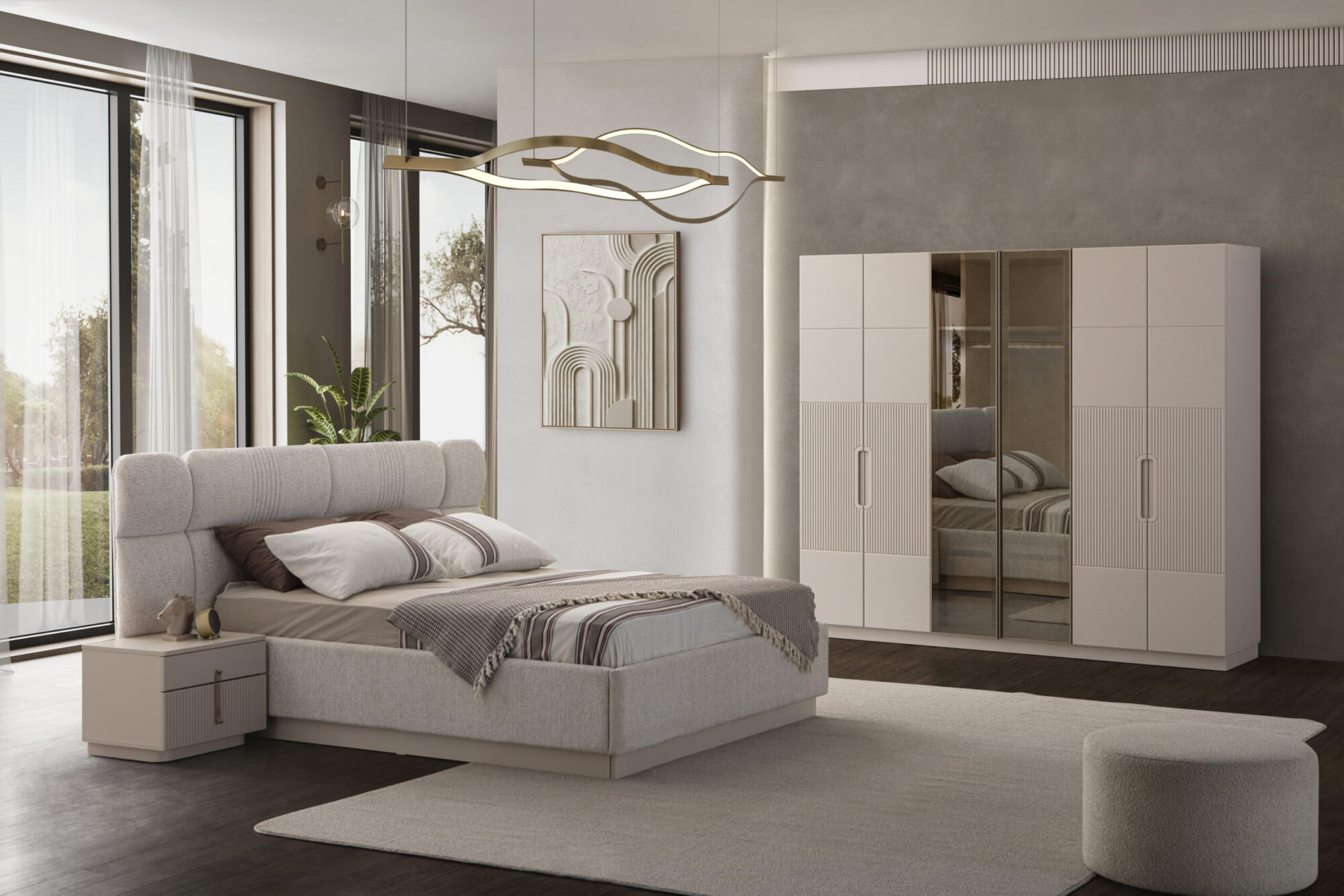 Dormitor LINE TZ, Set Dormitor Modern cu Dulap, Pat și Comodă, Design Elegant, Mobilier Dormitor Complet, Mobila Mega – Dormitoare