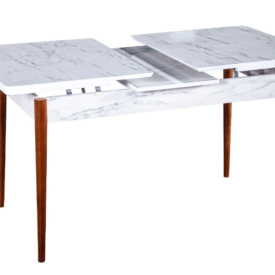 Set Masă Extensibilă Milano cu 6 Scaune Tapițate, 129/168x80x77 cm, Alb Marmorat, Alb și Lemn, Mobila Mega – Mese și Scaune – imagine 2