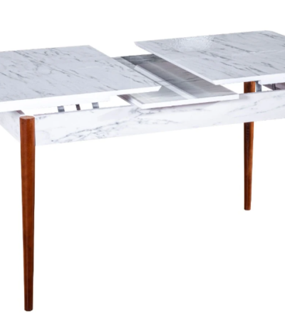 Set Masă Extensibilă Milano cu 6 Scaune Tapițate, 129/168x80x77 cm, Alb Marmorat, Alb și Lemn, Mobila Mega – Mese și Scaune – imagine 2